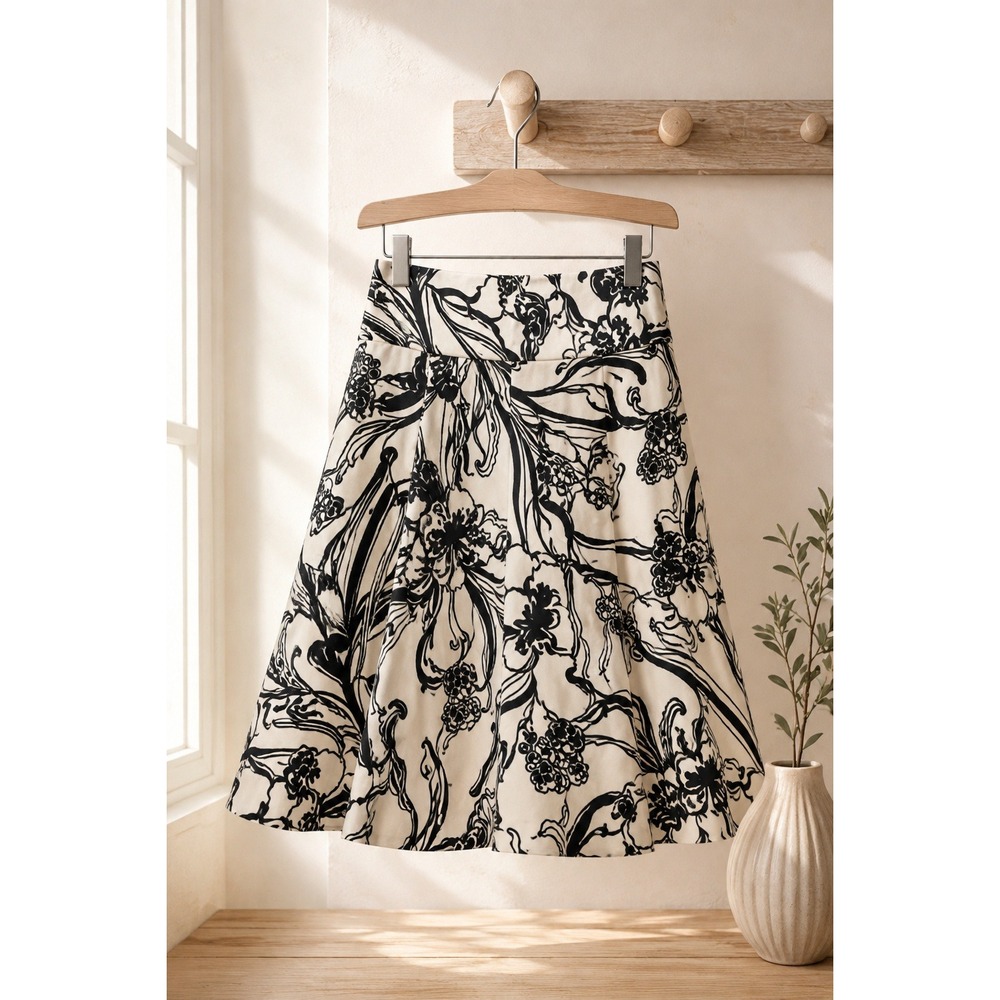 Black Ivory Floral A-Line Skirt High Waist Structured Cotton Midi Skater‎ Size L